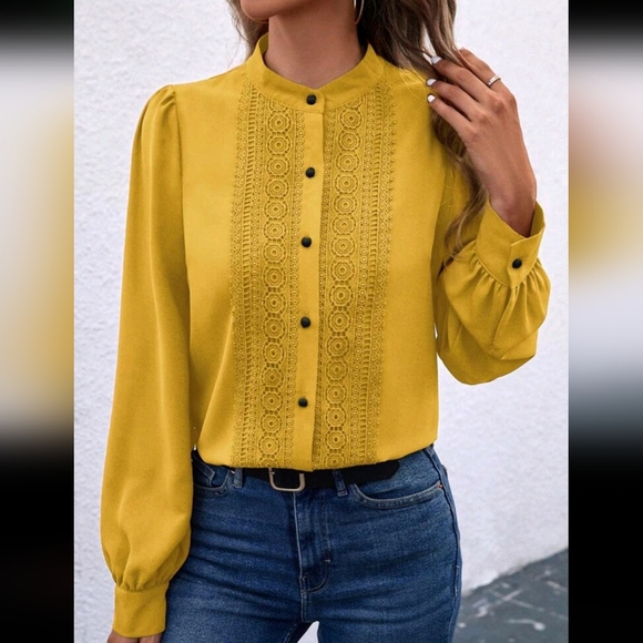 Women Solid Color Stand Collar Flared Long Sleeve Contrast Lace Elegant Shirt - Picture 1 of 4